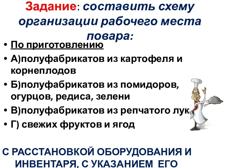 Задание: составить схему организации рабочего места повара: По приготовлению А)полуфабрикатов из картофеля