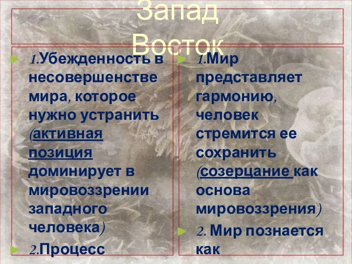 Запад Восток 1.Убежденность в несовершенстве мира, которое нужно устранить (активная позиция доминирует