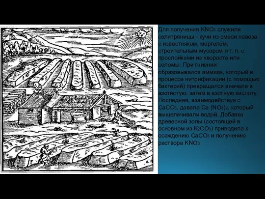 Для получения KNO3 служили селитряницы - кучи из смеси навоза с известняком,