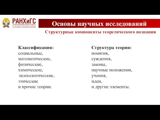 Основы научных исследований Структурные компоненты теоретического познания Классификация: социальные, математические, физические, химические,