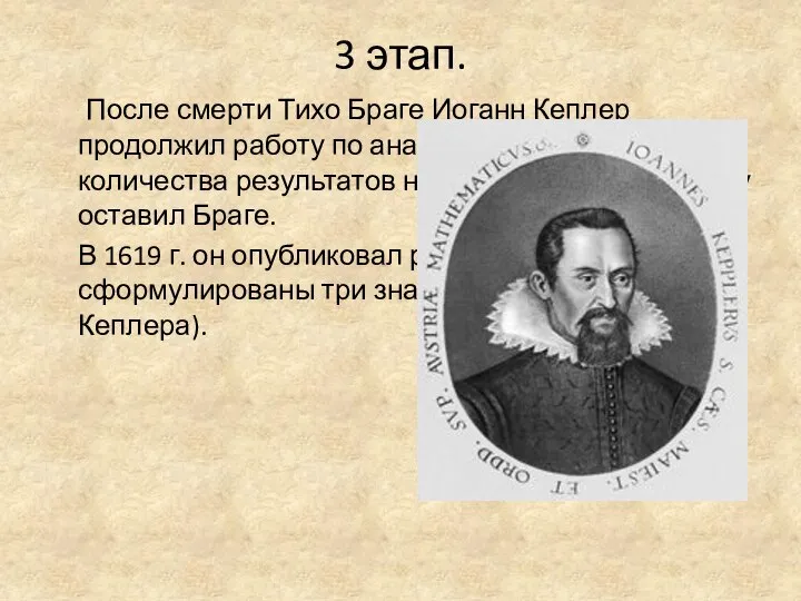 3 этап. После смерти Тихо Браге Иоганн Кеплер продолжил работу по анализу
