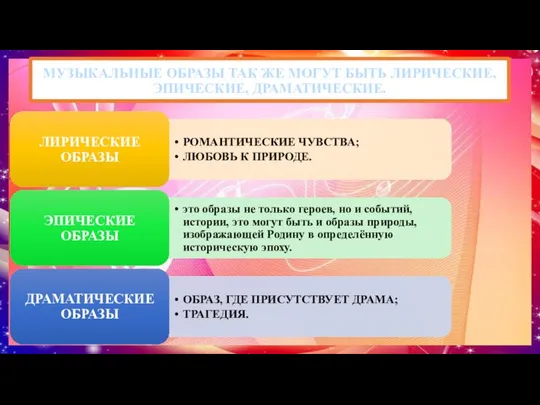 МУЗЫКАЛЬНЫЕ ОБРАЗЫ ТАК ЖЕ МОГУТ БЫТЬ ЛИРИЧЕСКИЕ, ЭПИЧЕСКИЕ, ДРАМАТИЧЕСКИЕ.