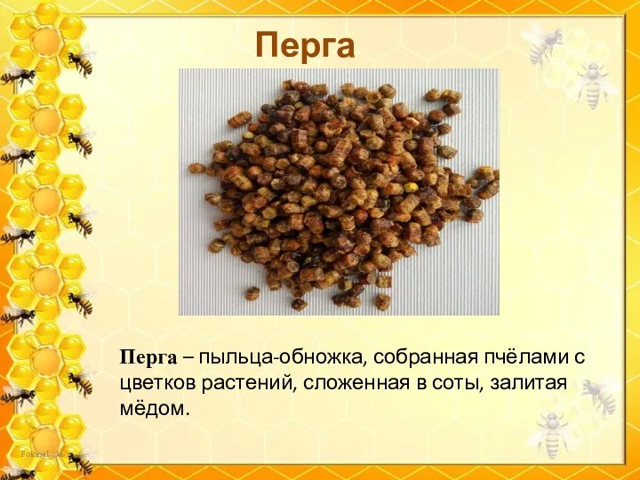 Перга Перга – пыльца-обножка, собранная пчёлами с цветков растений, сложенная в соты, залитая мёдом.