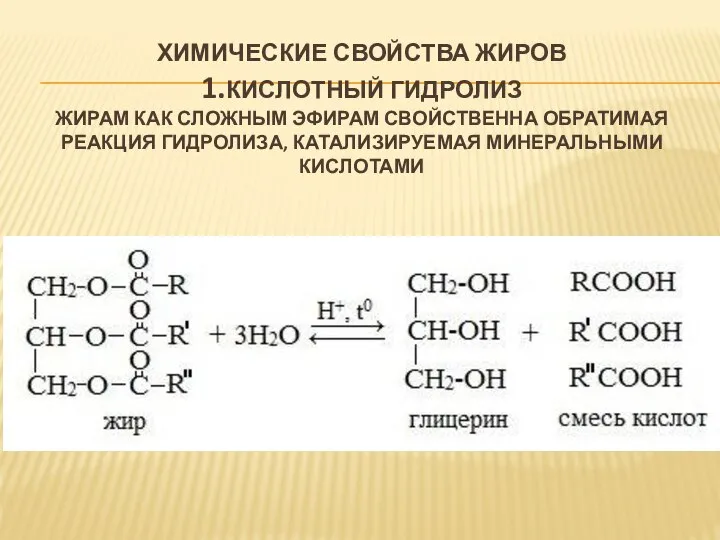 ХИМИЧЕСКИЕ СВОЙСТВА ЖИРОВ 1.КИСЛОТНЫЙ ГИДРОЛИЗ ЖИРАМ КАК СЛОЖНЫМ ЭФИРАМ СВОЙСТВЕННА ОБРАТИМАЯ РЕАКЦИЯ ГИДРОЛИЗА, КАТАЛИЗИРУЕМАЯ МИНЕРАЛЬНЫМИ КИСЛОТАМИ