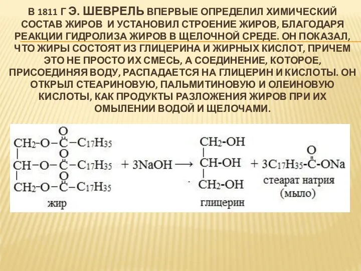 В 1811 Г Э. ШЕВРЕЛЬ ВПЕРВЫЕ ОПРЕДЕЛИЛ ХИМИЧЕСКИЙ СОСТАВ ЖИРОВ И УСТАНОВИЛ