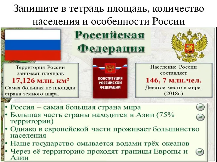 Запишите в тетрадь площадь, количество населения и особенности России