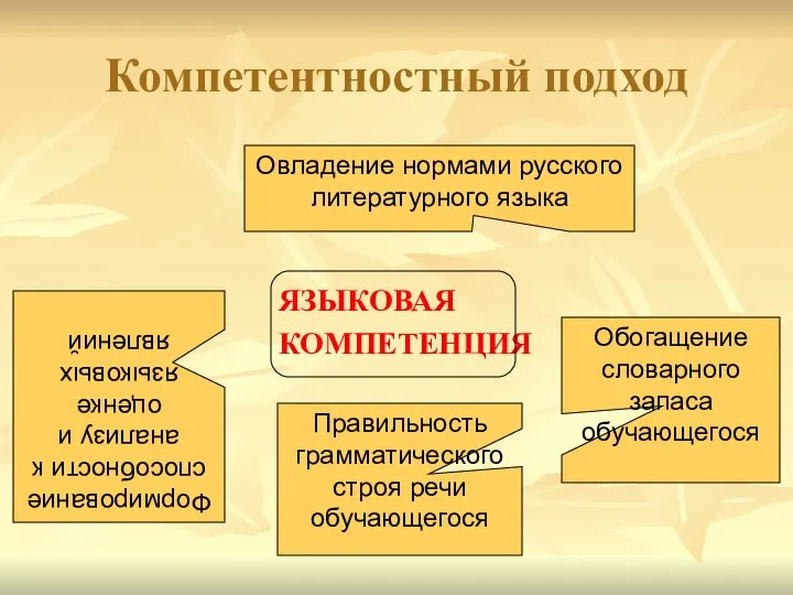 Компетентностный подход ЯЗЫКОВАЯ КОМПЕТЕНЦИЯ Овладение нормами русского литературного языка Обогащение словарного запаса