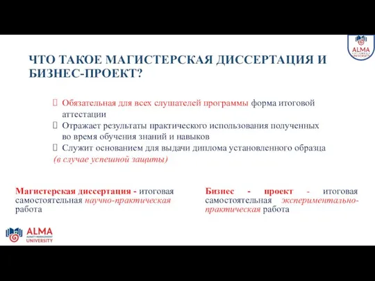 ЧТО ТАКОЕ МАГИСТЕРСКАЯ ДИССЕРТАЦИЯ И БИЗНЕС-ПРОЕКТ? Бизнес - проект - итоговая самостоятельная