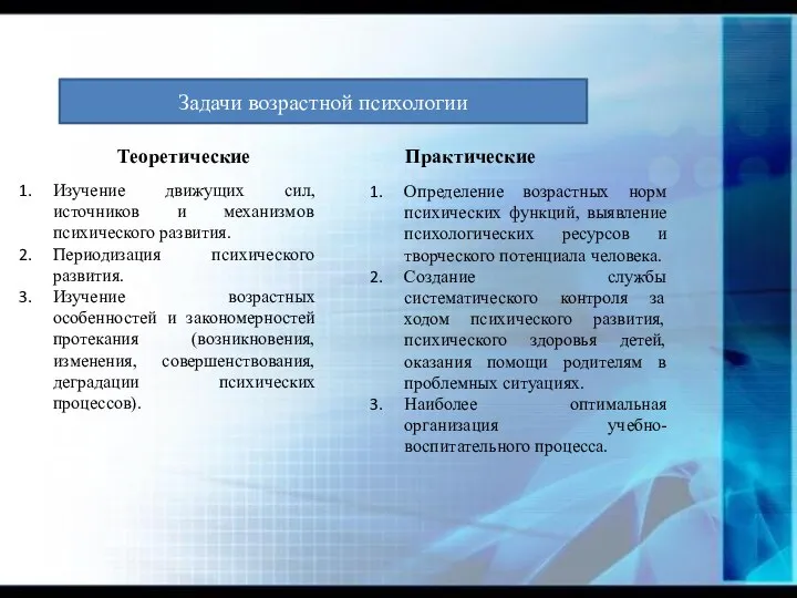 Задачи возрастной психологии Теоретические Практические Изучение движущих сил, источников и механизмов психического