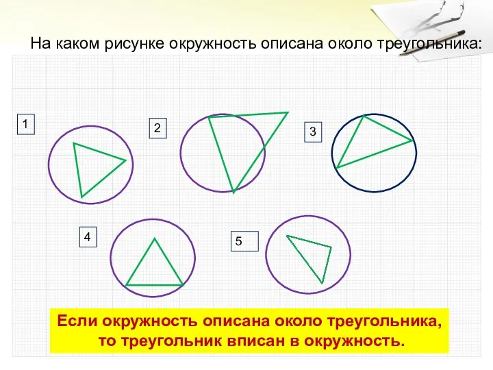 На каком рисунке окружность описана около треугольника: 1 2 3 4 5