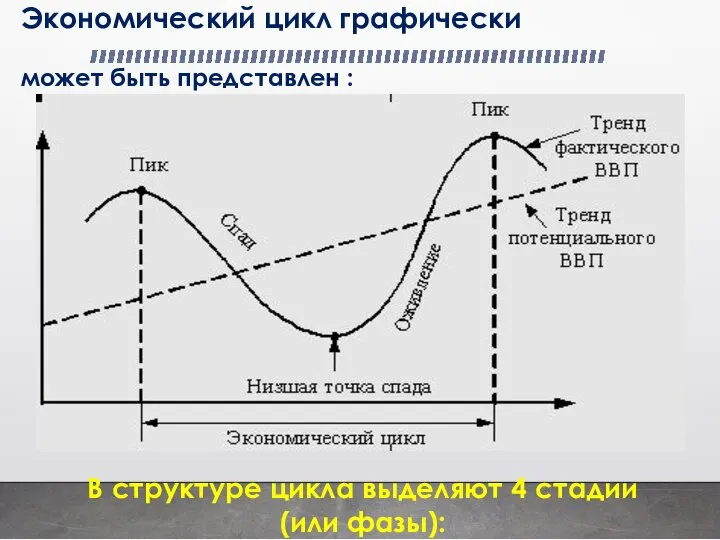 Экономический цикл графически может быть представлен : В структуре цикла выделяют 4 стадии (или фазы):