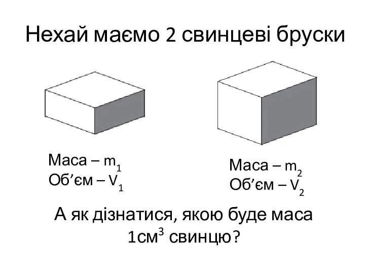 Нехай маємо 2 свинцеві бруски Маса – m1 Об’єм – V1 Маса