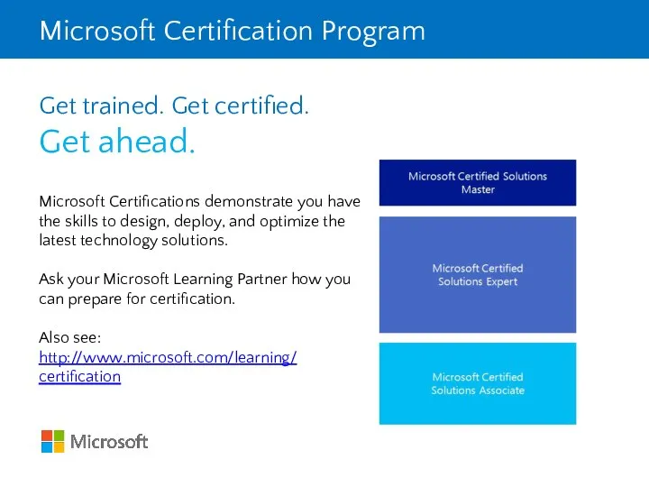 Microsoft Certification Program Get trained. Get certified. Get ahead. Microsoft Certifications demonstrate
