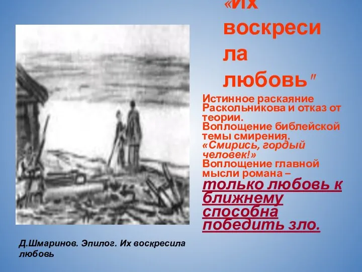 «Их воскресила любовь" Истинное раскаяние Раскольникова и отказ от теории. Воплощение библейской