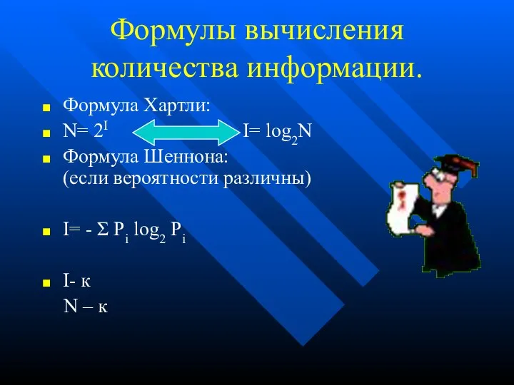 Формулы вычисления количества информации. Формула Хартли: N= 2I I= log2N Формула Шеннона: