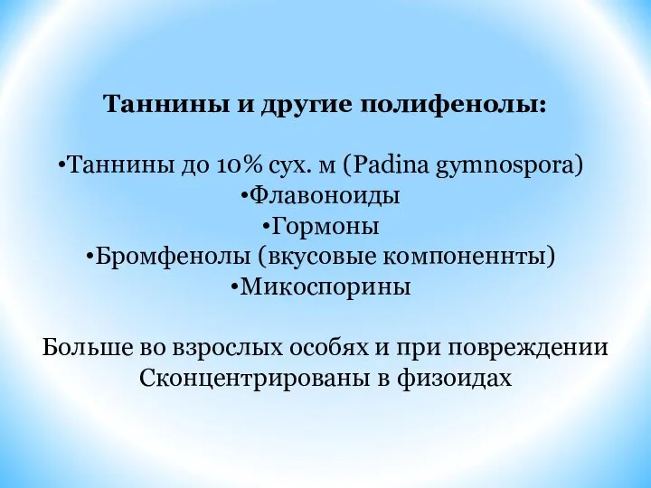 Таннины и другие полифенолы: Таннины до 10% сух. м (Padina gymnospora) Флавоноиды