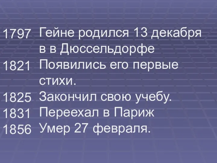 1797 1821 1825 1831 1856 Гейне родился 13 декабря в в Дюссельдорфе