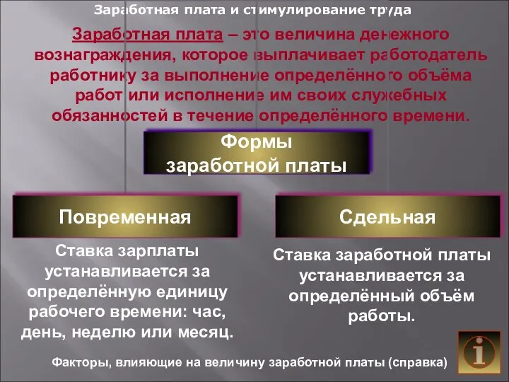 Заработная плата и стимулирование труда Заработная плата – это величина денежного вознаграждения,