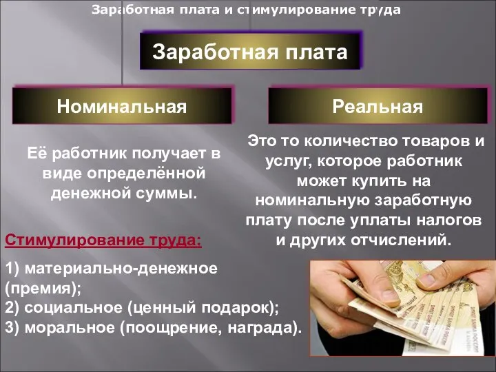 Заработная плата и стимулирование труда Её работник получает в виде определённой денежной