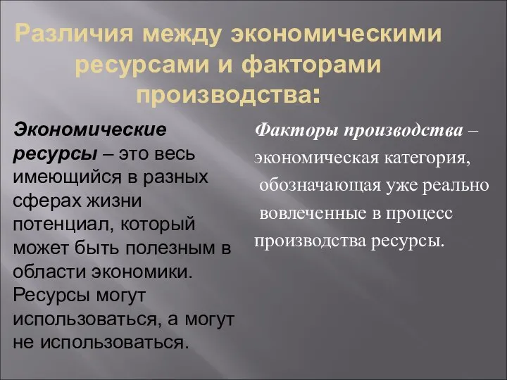 Различия между экономическими ресурсами и факторами производства: Факторы производства – экономическая категория,