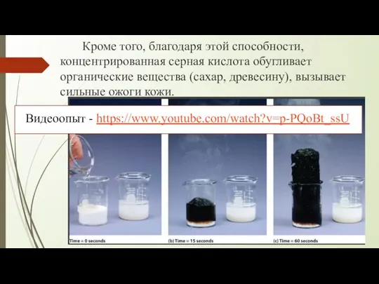 Кроме того, благодаря этой способности, концентрированная серная кислота обугливает органические вещества (сахар,