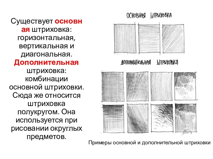 Существует основная штриховка: горизонтальная, вертикальная и диагональная. Дополнительная штриховка: комбинации основной штриховки.