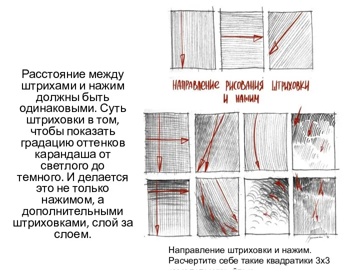 Расстояние между штрихами и нажим должны быть одинаковыми. Суть штриховки в том,