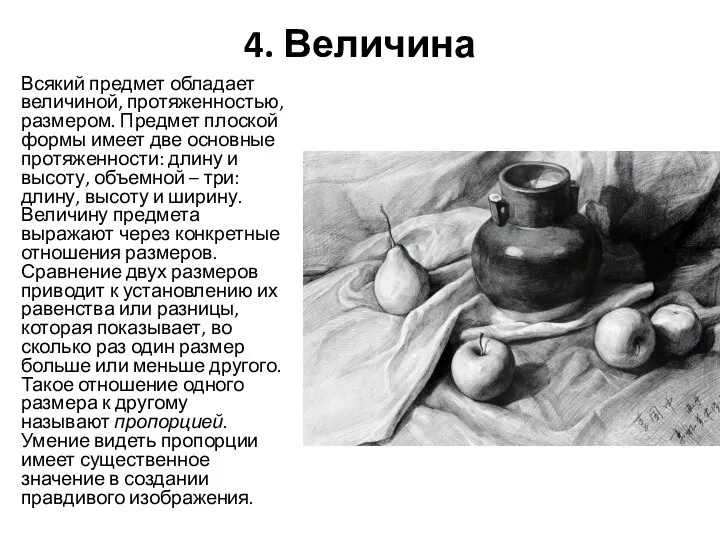 4. Величина Всякий предмет обладает величиной, протяженностью, размером. Предмет плоской формы имеет