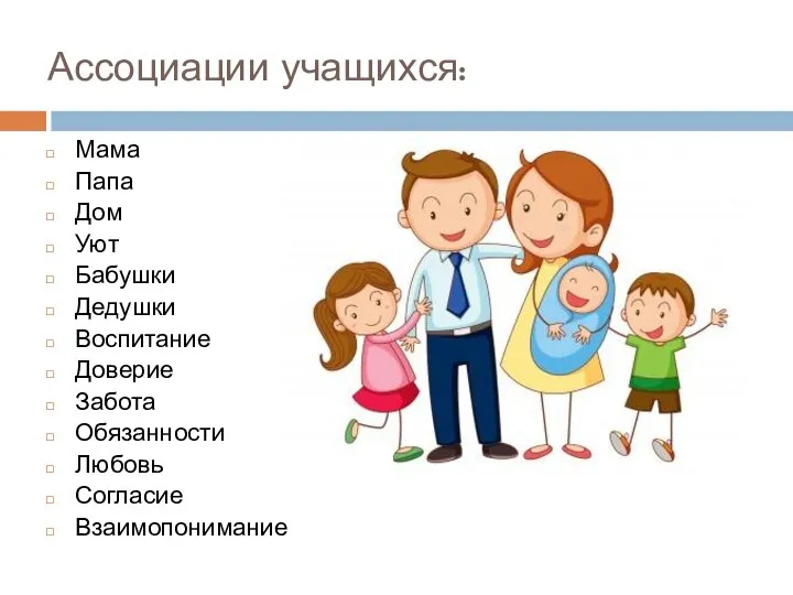 Ассоциации учащихся: Мама Папа Дом Уют Бабушки Дедушки Воспитание Доверие Забота Обязанности Любовь Согласие Взаимопонимание