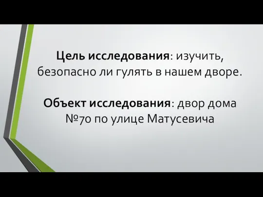 Цель исследования: изучить, безопасно ли гулять в нашем дворе. Объект исследования: двор