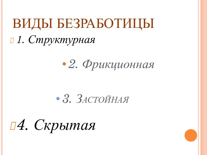 ВИДЫ БЕЗРАБОТИЦЫ 1. Структурная 2. Фрикционная 3. Застойная 4. Скрытая