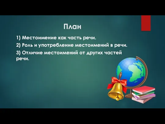 План 1) Местоимение как часть речи. 2) Роль и употребление местоимений в