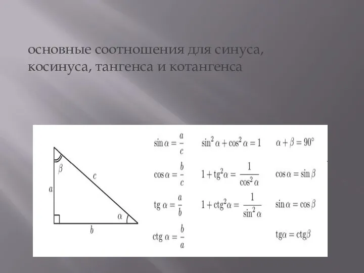 основные соотношения для синуса, косинуса, тангенса и котангенса