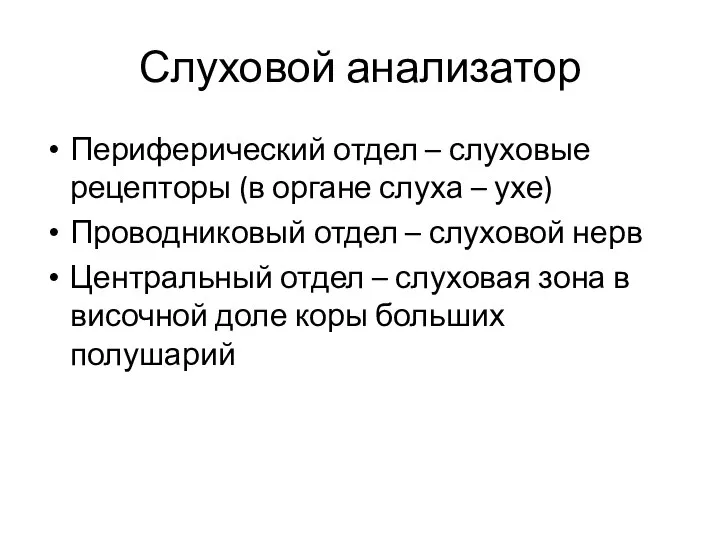 Слуховой анализатор Периферический отдел – слуховые рецепторы (в органе слуха – ухе)