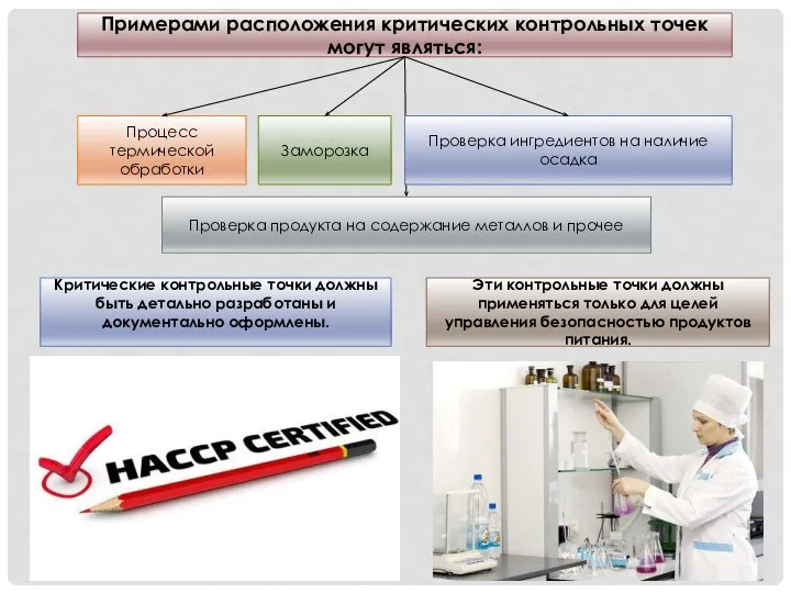 Примерами расположения критических контрольных точек могут являться: Процесс термической обработки Заморозка Проверка