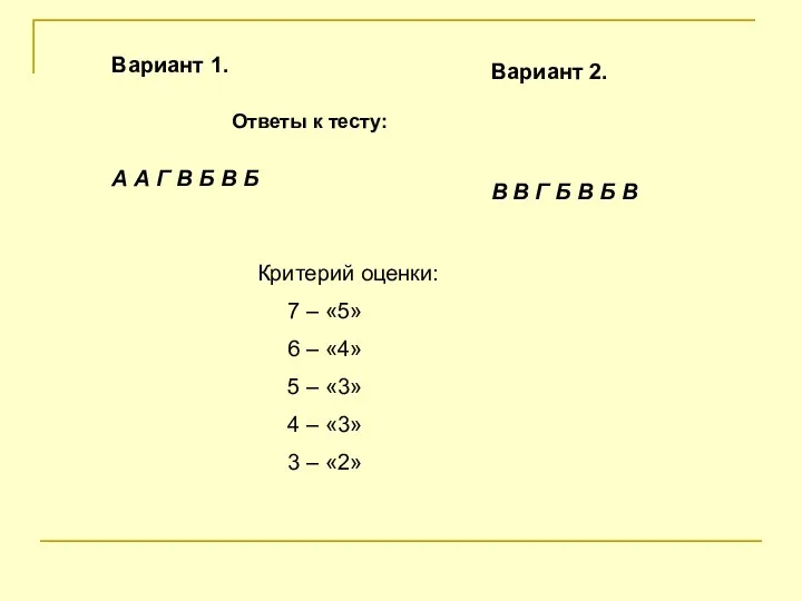 Вариант 1. Вариант 2. Ответы к тесту: А А Г В Б