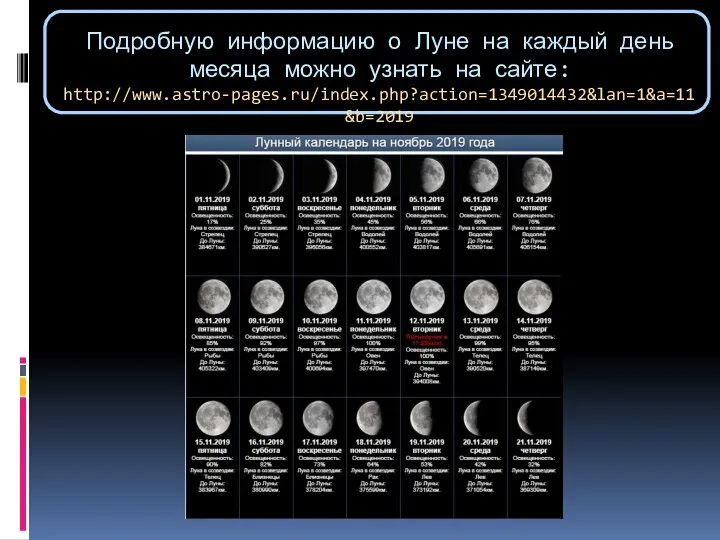 Подробную информацию о Луне на каждый день месяца можно узнать на сайте: http://www.astro-pages.ru/index.php?action=1349014432&lan=1&a=11&b=2019