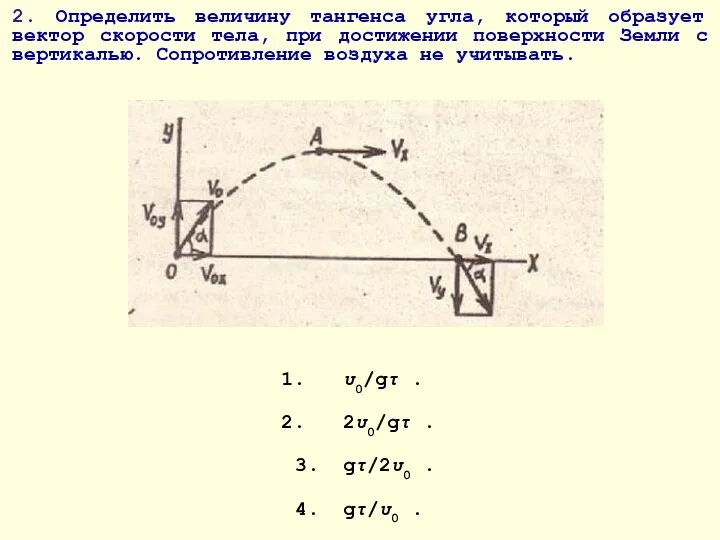 2. Определить величину тангенса угла, который образует вектор скорости тела, при достижении