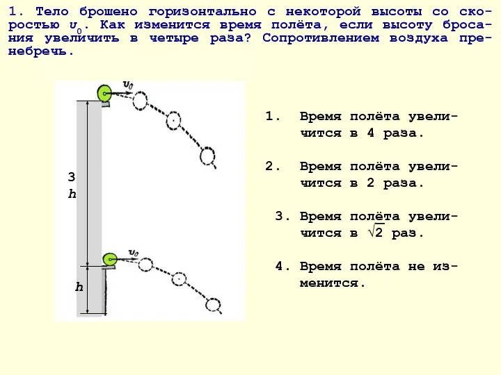 1. Тело брошено горизонтально с некоторой высоты со ско-ростью υ0. Как изменится