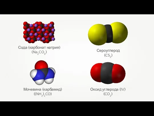 Сода (карбонат натрия) (Na2CO3) Сероуглерод (CS2) Мочевина (карбамид) ((NH2)2CO) Оксид углерода (IV) (CO2)