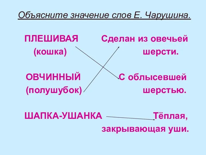 Объясните значение слов Е. Чарушина. ПЛЕШИВАЯ Сделан из овечьей (кошка) шерсти. ОВЧИННЫЙ