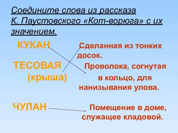 Соедините слова из рассказа К. Паустовского «Кот-ворюга» с их значением. КУКАН Сделанная