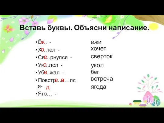 Вставь буквы. Объясни написание. Ё… - Х…тел - Св…рнулся - Ук…лол -