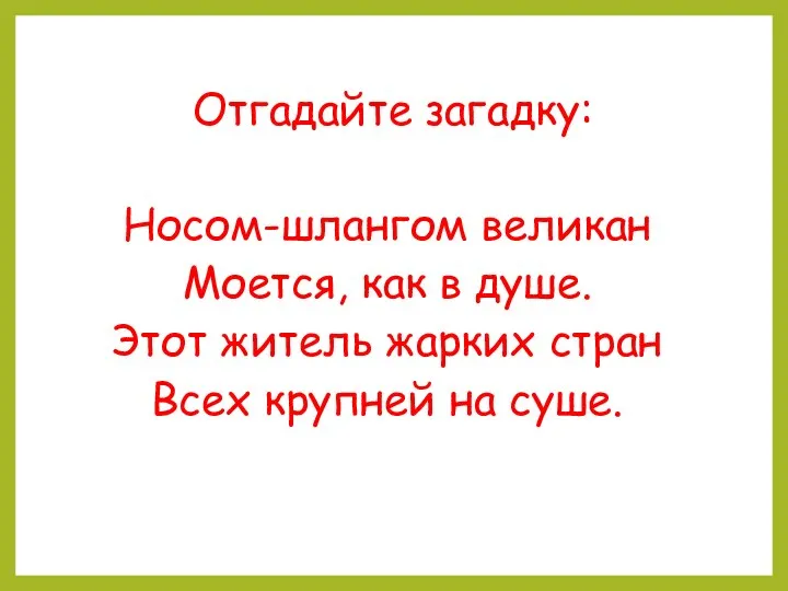 Отгадайте загадку: Носом-шлангом великан Моется, как в душе. Этот житель жарких стран Всех крупней на суше.