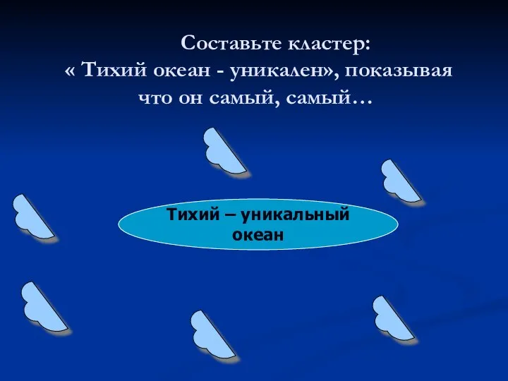 Составьте кластер: « Тихий океан - уникален», показывая что он самый, самый… Тихий – уникальный океан