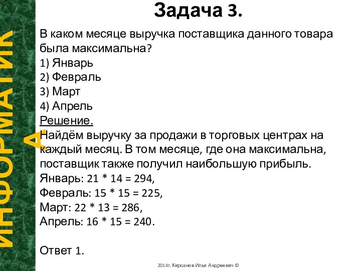 Задача 3. ИНФОРМАТИКА 2014г. Кирсанов Илья Андреевич © В каком месяце выручка