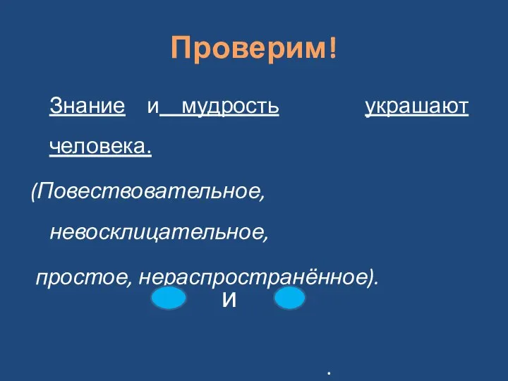 Проверим! Знание и мудрость украшают человека. (Повествовательное, невосклицательное, простое, нераспространённое). . и