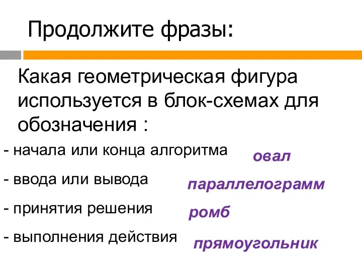 Продолжите фразы: Какая геометрическая фигура используется в блок-схемах для обозначения : овал