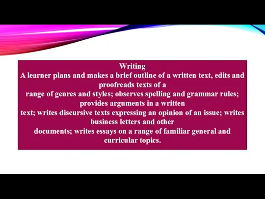 Writing A learner plans and makes a brief outline of a written