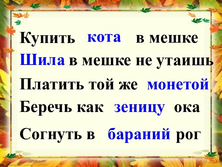 Купить кота в мешке Шила в мешке не утаишь Платить той же